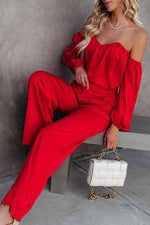 Adele Satin Off Shoulder Blouse & Wide Leg Pants Suit