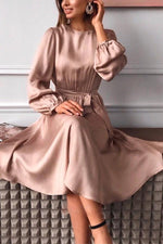 Round Neck Solid Color Satin Small Lantern Sleeves Waist Slimming Midi Dress