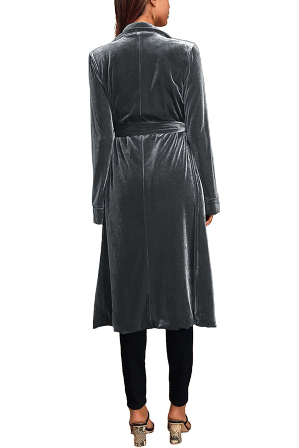 Downtown Elegance Pocketed Belt Velvet Midi Coat