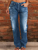 Women's Jeans Stretch Ripped Washed Casual Straight Jeans