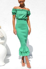 Mermaid Silhouette Off Shoulder Smocked Midi Dress