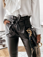 Women's Pants Belted Pocket Belt PU Leather Pants