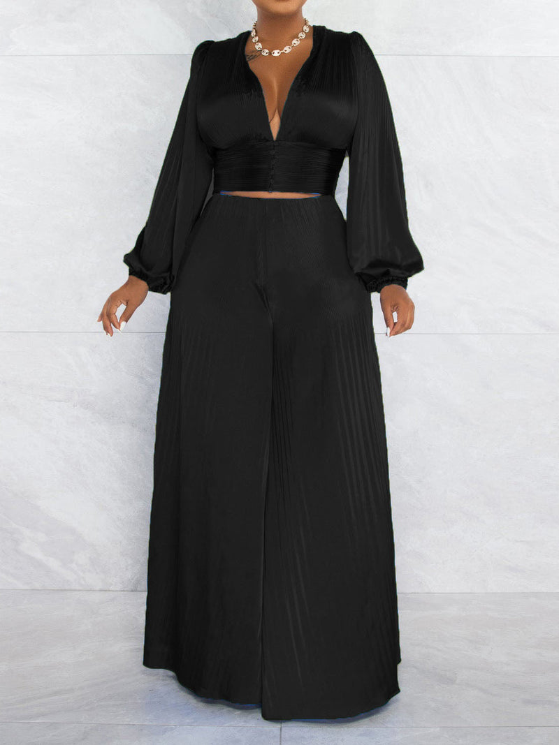 Women's Sets Pleated V-Neck Crop Top & Wide Leg Pants Casual Set