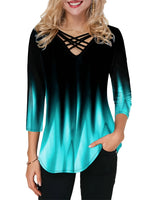 Criss Cross Neck Gradient Color Medium Sleeve T-shirt