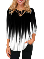 Criss Cross Neck Gradient Color Medium Sleeve T-shirt