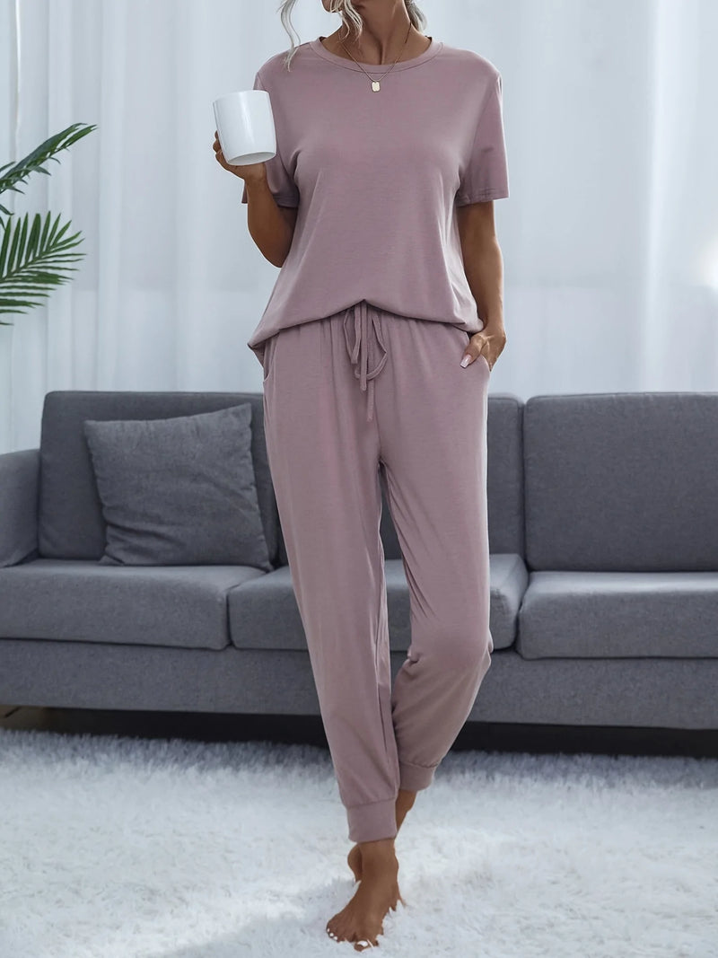 Two-Piece Short Sleeve Top & Drawstring Loose Pant Set