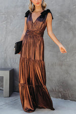 Charming Days Velvet Shoulder Tie Metallic Maxi Dress