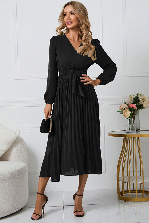 Cristina Flowy Belt Wrap Pleated Midi Dress