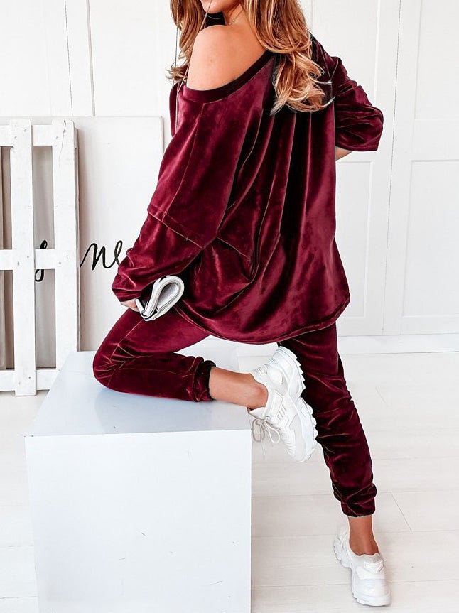 Women's Sets Solid Velvet V-Neck Long Sleeve Casual Two Piece Suit