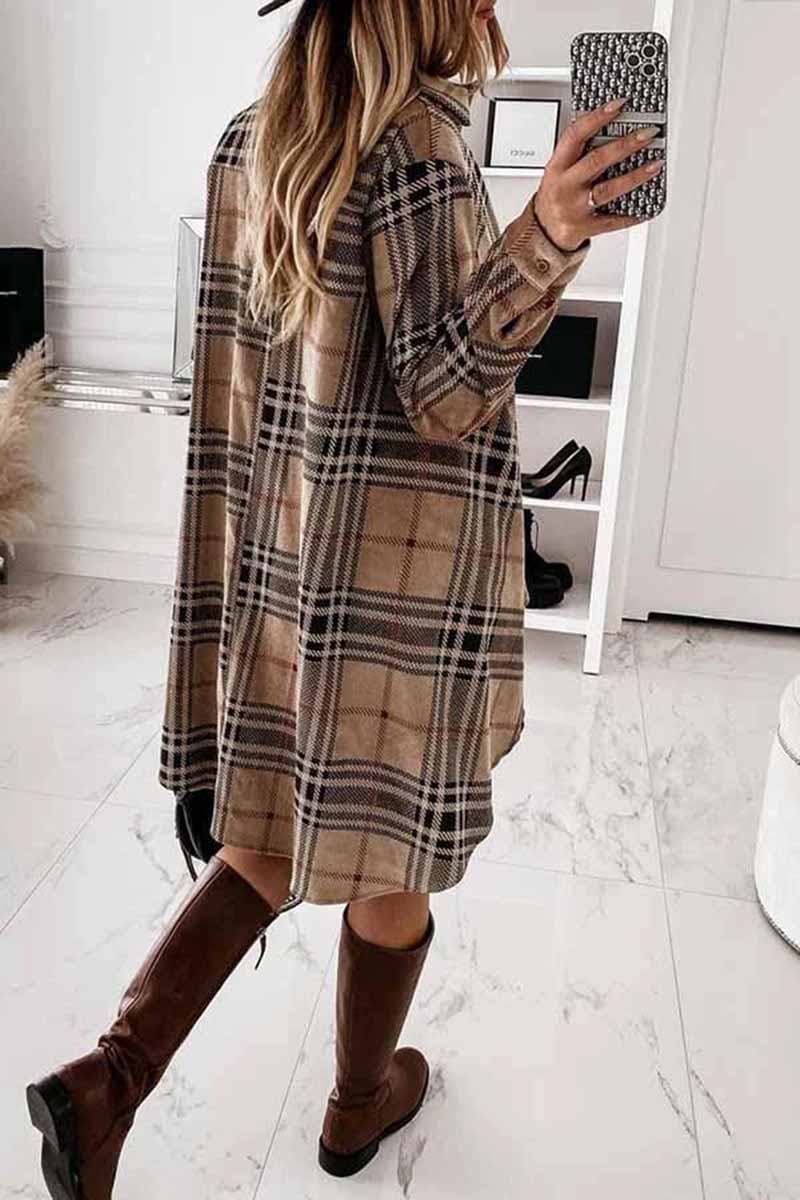 Florcoo Loose Plaid Long Sleeve Shirt Mini Dress