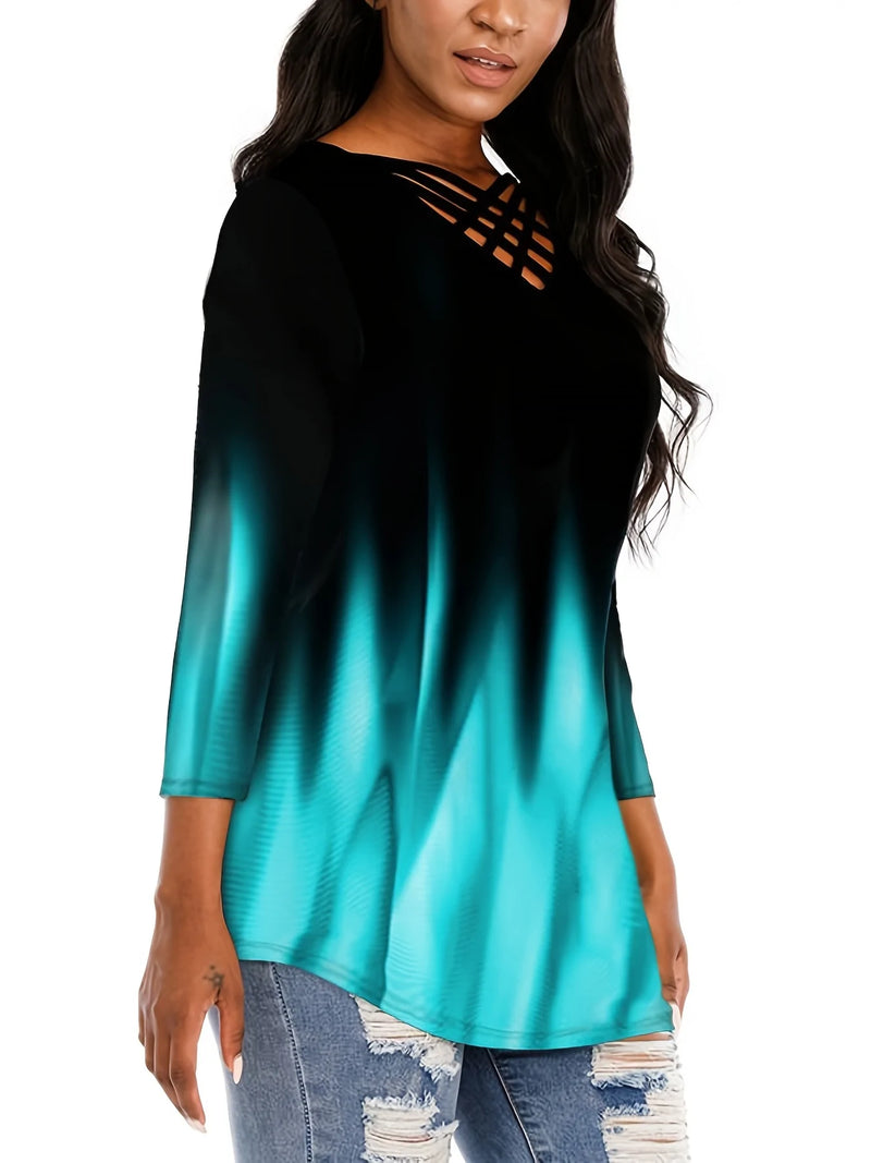 Criss Cross Neck Gradient Color Medium Sleeve T-shirt