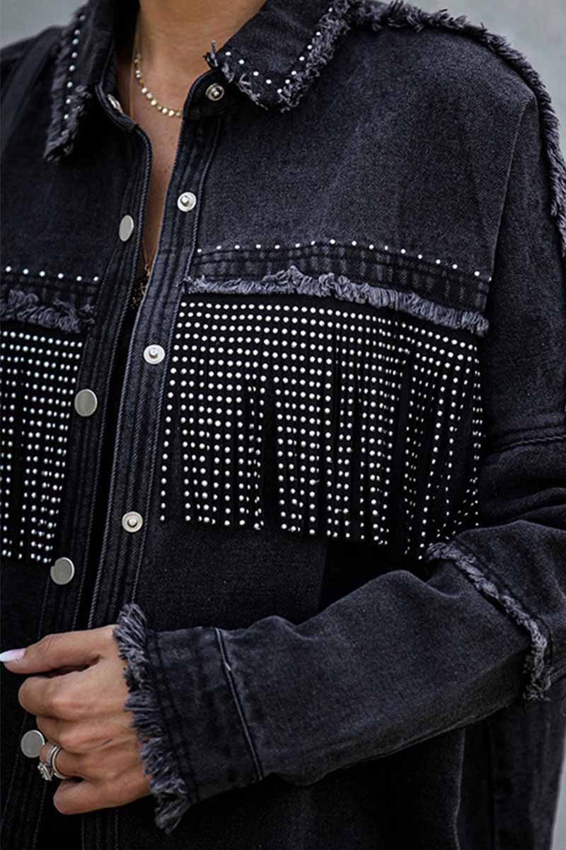 Florcoo Long Sleeve Fringed Denim Jacket Tops