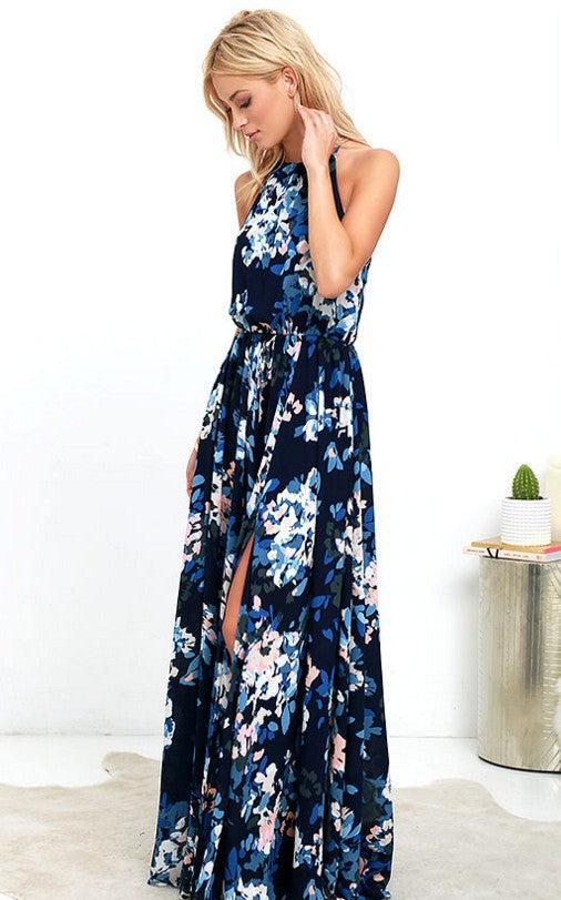 Fashion Sleeveless O-Neck Printed Split Maxi Dress