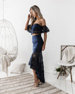 Two Piece Off Shoulder Lace Top and High Low Skirt Set