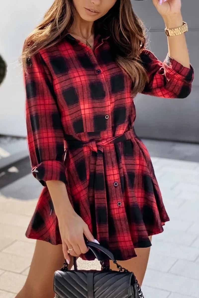 Florcoo Long Sleeve Plaid Shirt Mini Dress