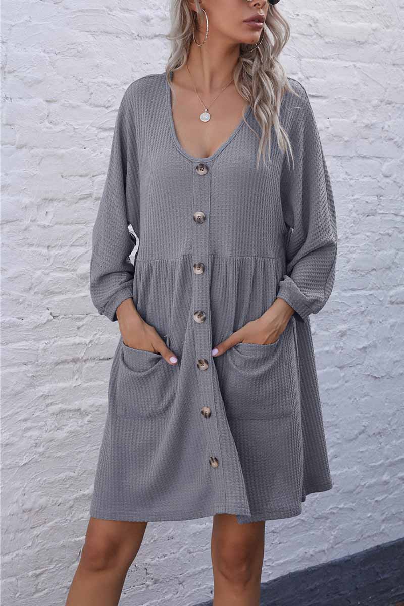 Florcoo V-Neck Buttoned Loose Knit Hem Mini Dresses