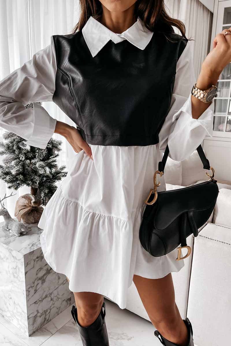 Florcoo Shirt skirt and leather stitching Mini Dress