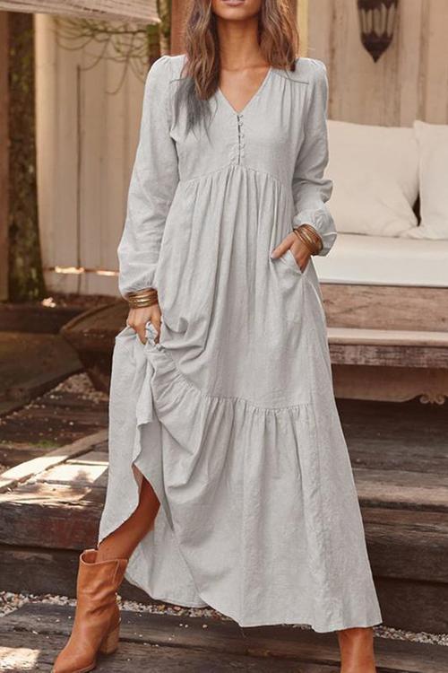 Pockets V Neck Long Sleeeve Maxi Dress