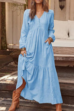 Pockets V Neck Long Sleeeve Maxi Dress