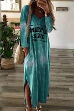 Letter Side Slit Long Sleeve Maxi Dress