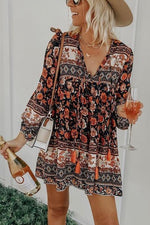 Floral Print Tassels Lace Up Long Sleeve Mini Dress