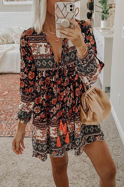 Floral Print Tassels Lace Up Long Sleeve Mini Dress