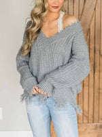 Casual V-Neck Long Sleeve Loose Knitted Sweatshirt