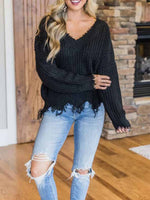 Casual V-Neck Long Sleeve Loose Knitted Sweatshirt