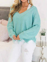 Casual V-Neck Long Sleeve Loose Knitted Sweatshirt