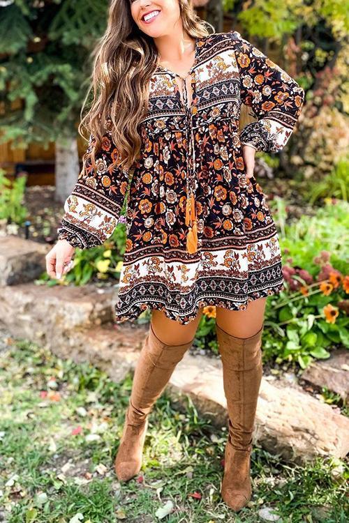 Floral Print Tassels Lace Up Long Sleeve Mini Dress