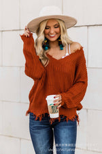 Casual V-Neck Long Sleeve Loose Knitted Sweatshirt