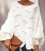 Round Neck Long Puff Sleeve Loose Knitted Blouse