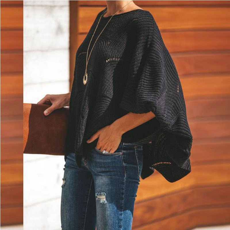 Round Neck Long Puff Sleeve Loose Knitted Blouse