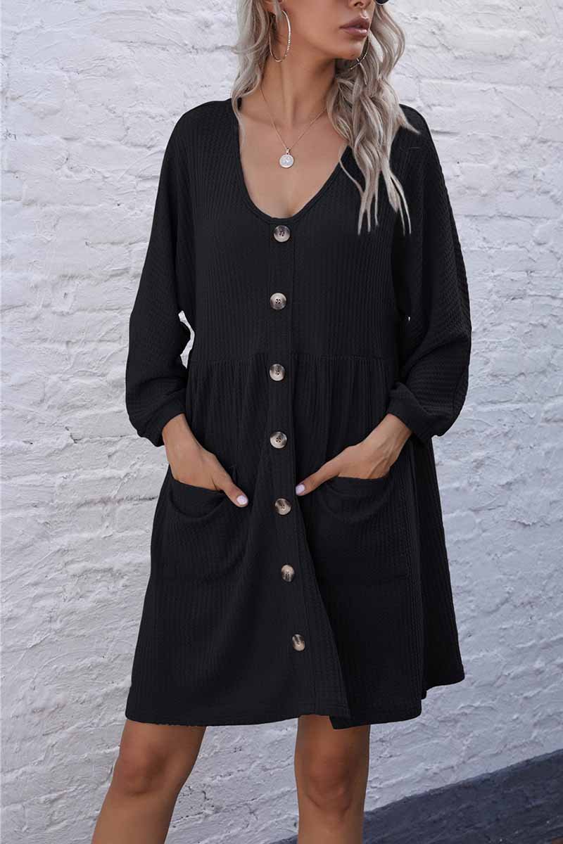 Florcoo V-Neck Buttoned Loose Knit Hem Mini Dresses