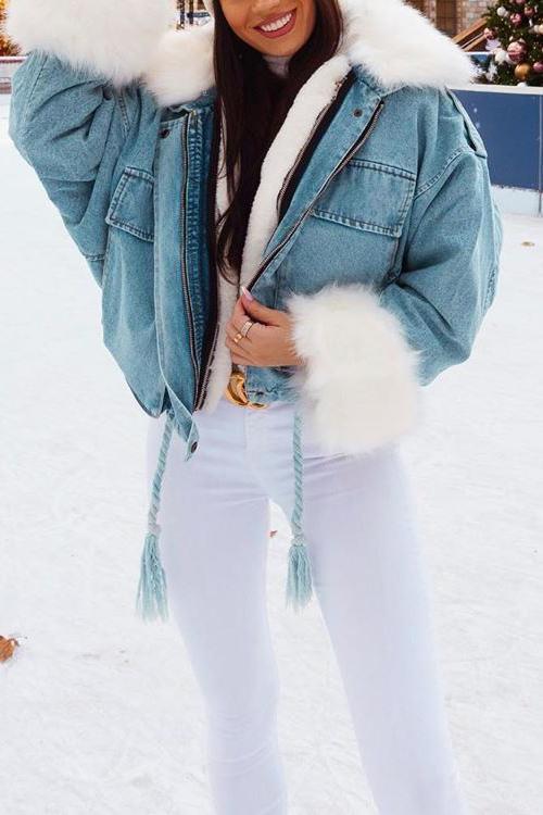 Detachable Fuzzy Faux Fur Collar Denim Coat