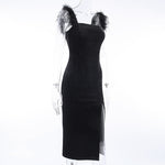 Square Fur Neck Solid Color Side Split Bodycon Maxi Dress