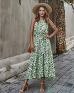 Sleeveless Round Neck Belted Printed Maxi Dress