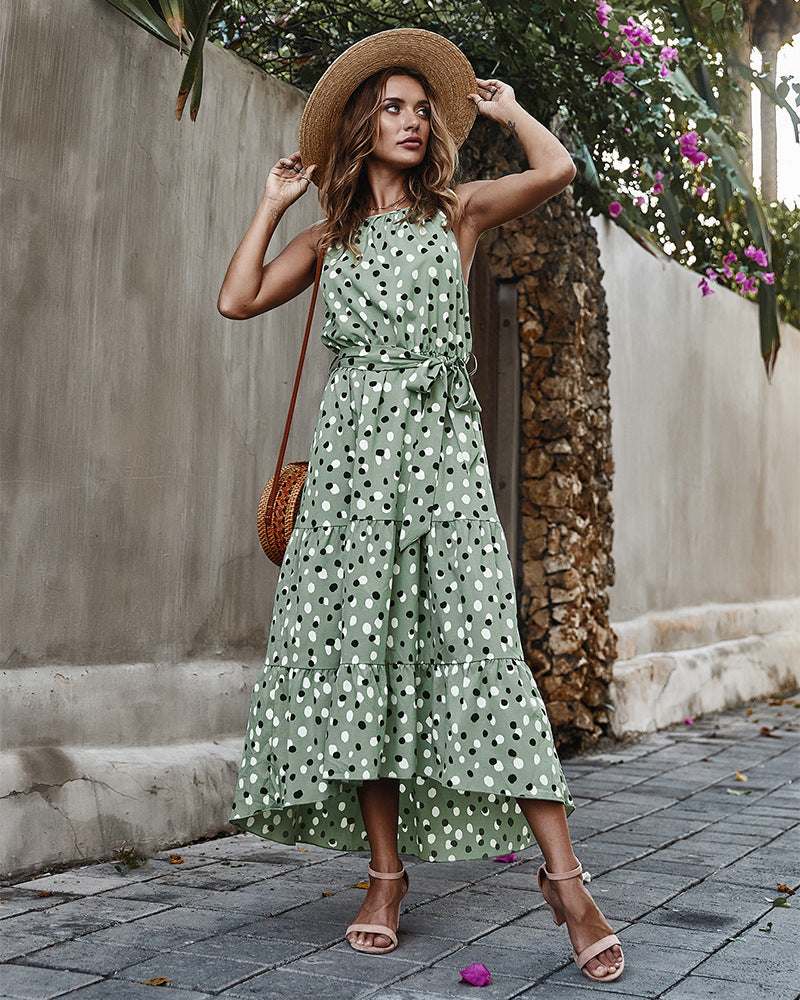 Sleeveless Round Neck Belted Printed Maxi Dress