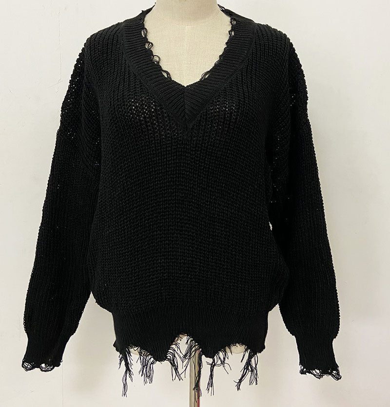 Casual V-Neck Long Sleeve Loose Knitted Sweatshirt