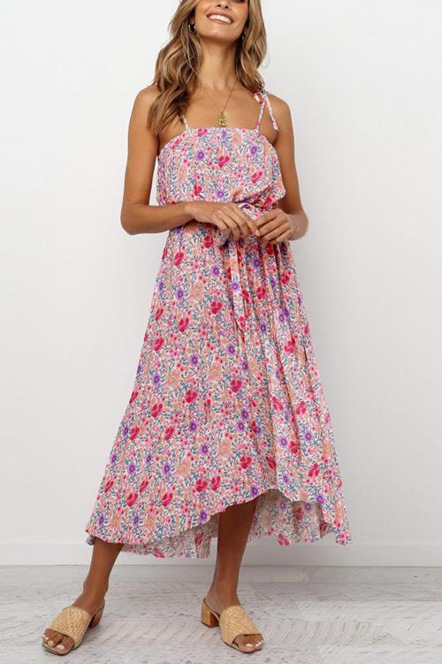 Print Drawstring Waist Slip Maxi Dress