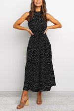 Print Belted Sleevelss Maxi Dress