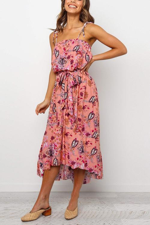 Print Drawstring Waist Slip Maxi Dress