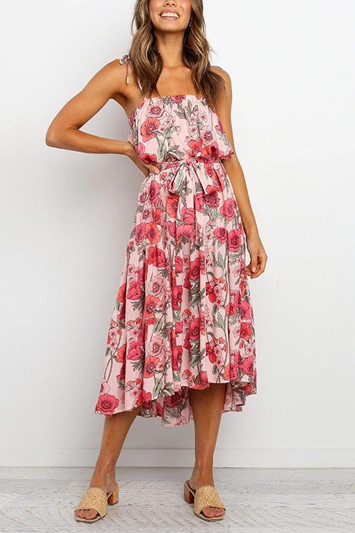 Print Drawstring Waist Slip Maxi Dress