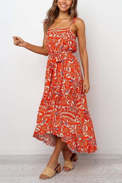 Print Drawstring Waist Slip Maxi Dress