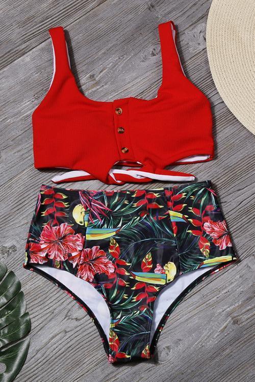 Button Knot High Waist Bikini Set