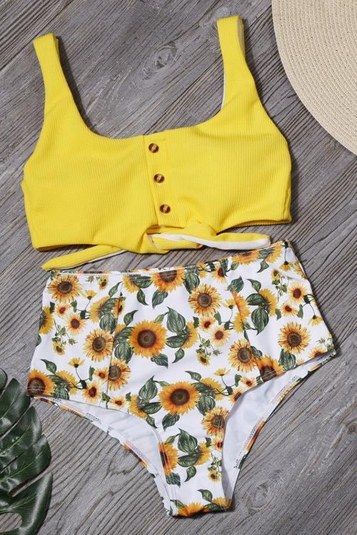 Button Knot High Waist Bikini Set