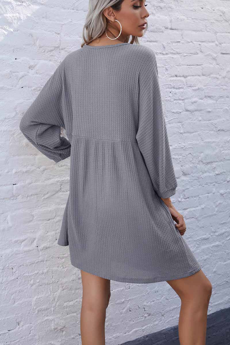 Florcoo V-Neck Buttoned Loose Knit Hem Mini Dresses