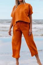 Solid Short Sleeve Pullover Top Elastic Waist Cropped Pants Set