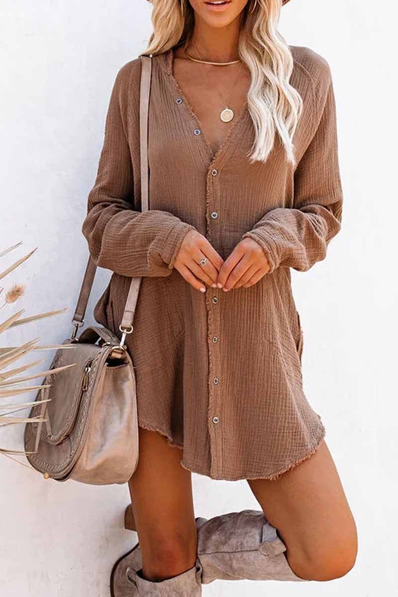 Florcoo Seersucker Fringed Long Sleeves Mini Dresses