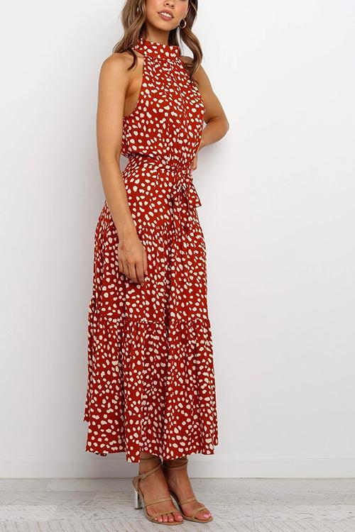 Print Belted Sleevelss Maxi Dress